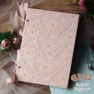 少女珊瑚粉蕾丝镶钻手工布面西式结婚风琴页翻页礼金签到本簿相簿