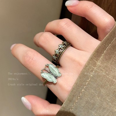 蝴蝶花朵戒指女复古时尚个性小众设计高级感食指戒闺蜜学生党指环