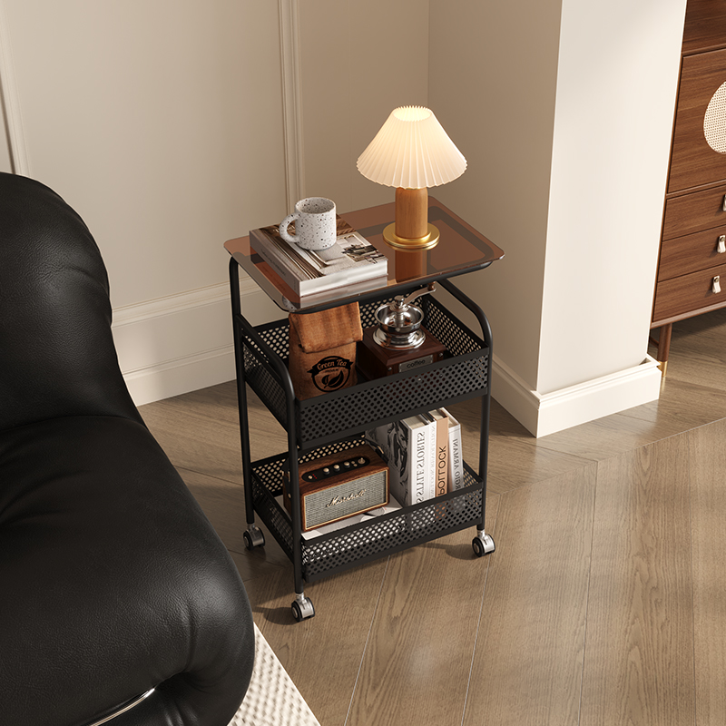 法式轻奢高级感客厅可移动带轮沙发边几小茶几玻璃小推车床头边桌