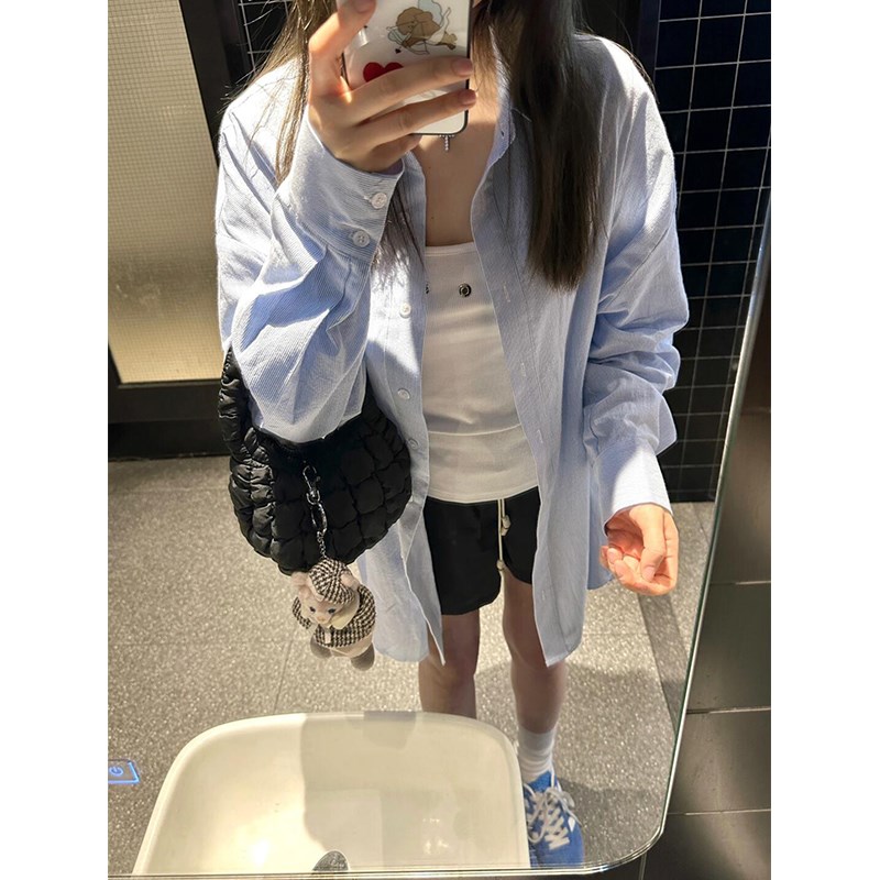 蓝色条纹衬衫女款夏季薄款设计感小众宽松慵懒风长袖防晒上衣外套