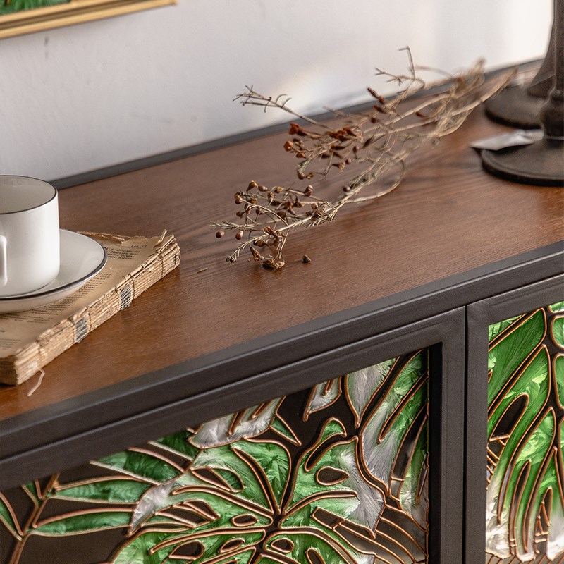 侘寂复古美式装饰鞋柜玄关柜黑色玻璃铁艺餐边柜彩绘入户轻奢雕花