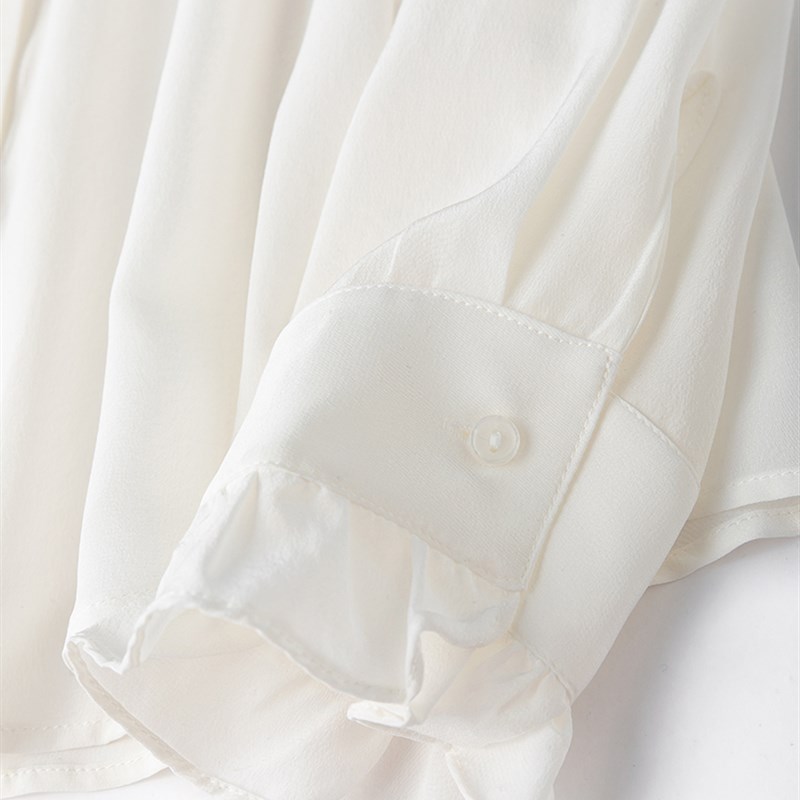 好质感04真丝双绉白色法式木耳领立领长袖衬衫桑蚕丝OL风春季新