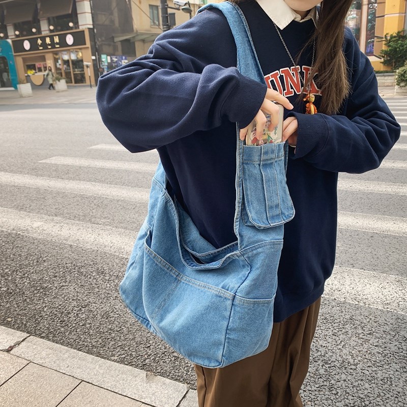 小众牛仔帆布单肩包大容量宽肩带日韩休闲斜挎包男女简约时尚书包