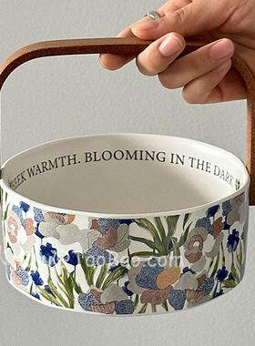 三秋Sanq复古白色鸢尾花果篮零食摆放干果收纳托盘陶瓷手提水果篮