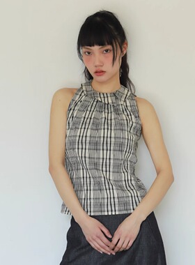 null none 2025春夏 斜衬衫领后绑带格纹背心 格子上衣