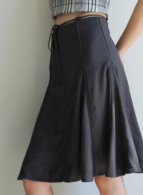 null none 夏季灰色双腰头抽绳八片半身裙 显瘦伞裙