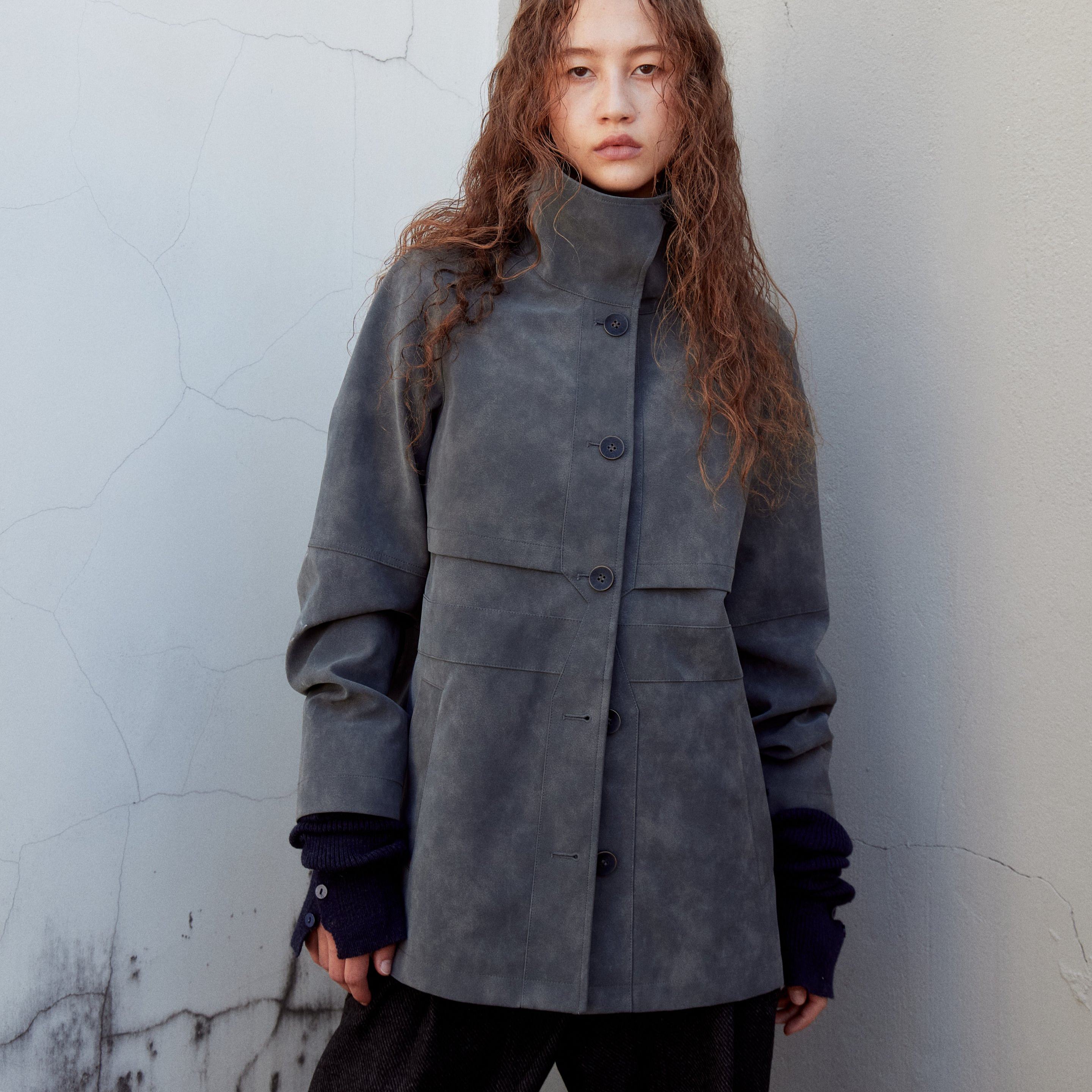 烟灰蓝中长款立领皮衣