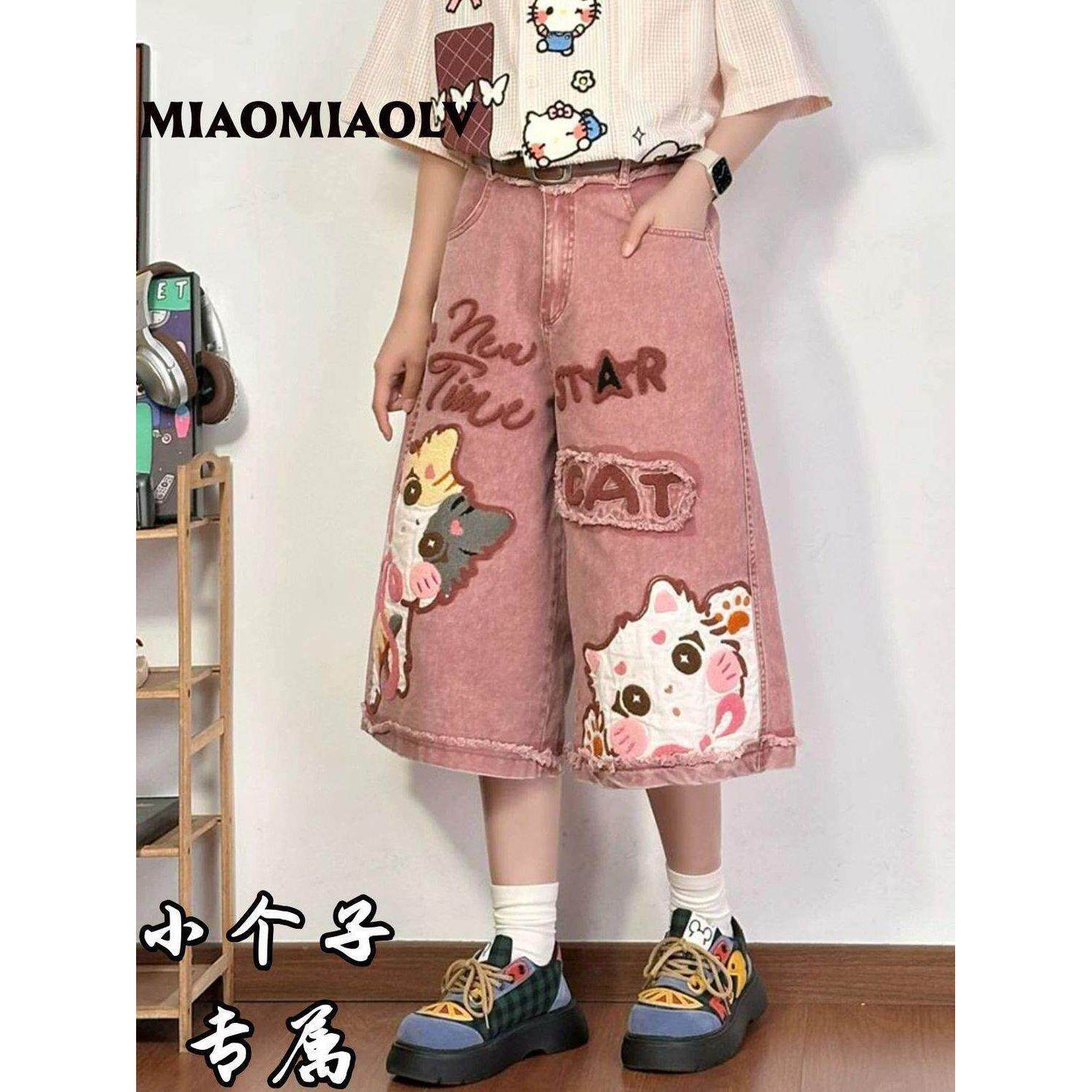 美式重工卡通印花贴布七分牛仔裤女夏季高街宽松显瘦阔腿中裤子