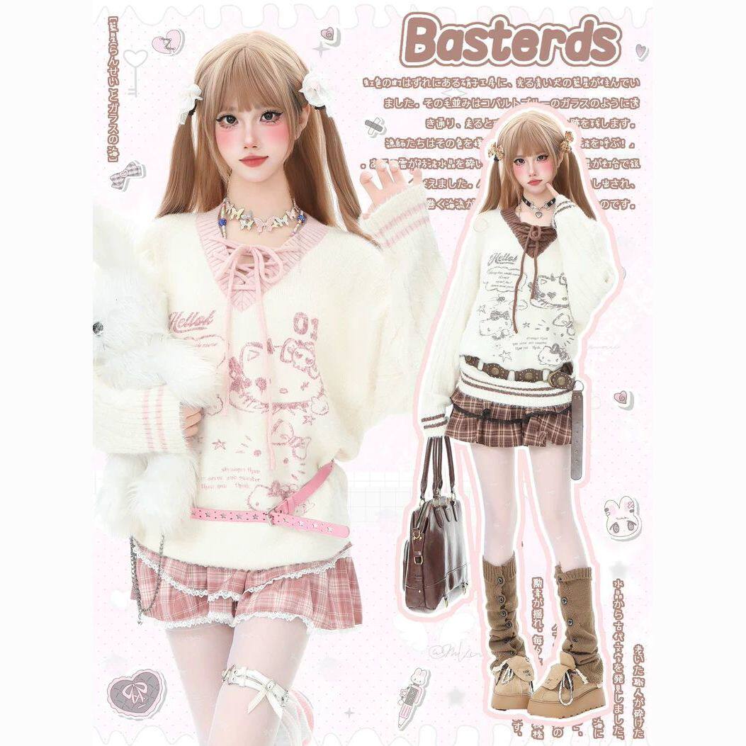 Basterds 甜美风小猫绑带设计感V领马海毛针织毛衣女秋冬软糯上衣