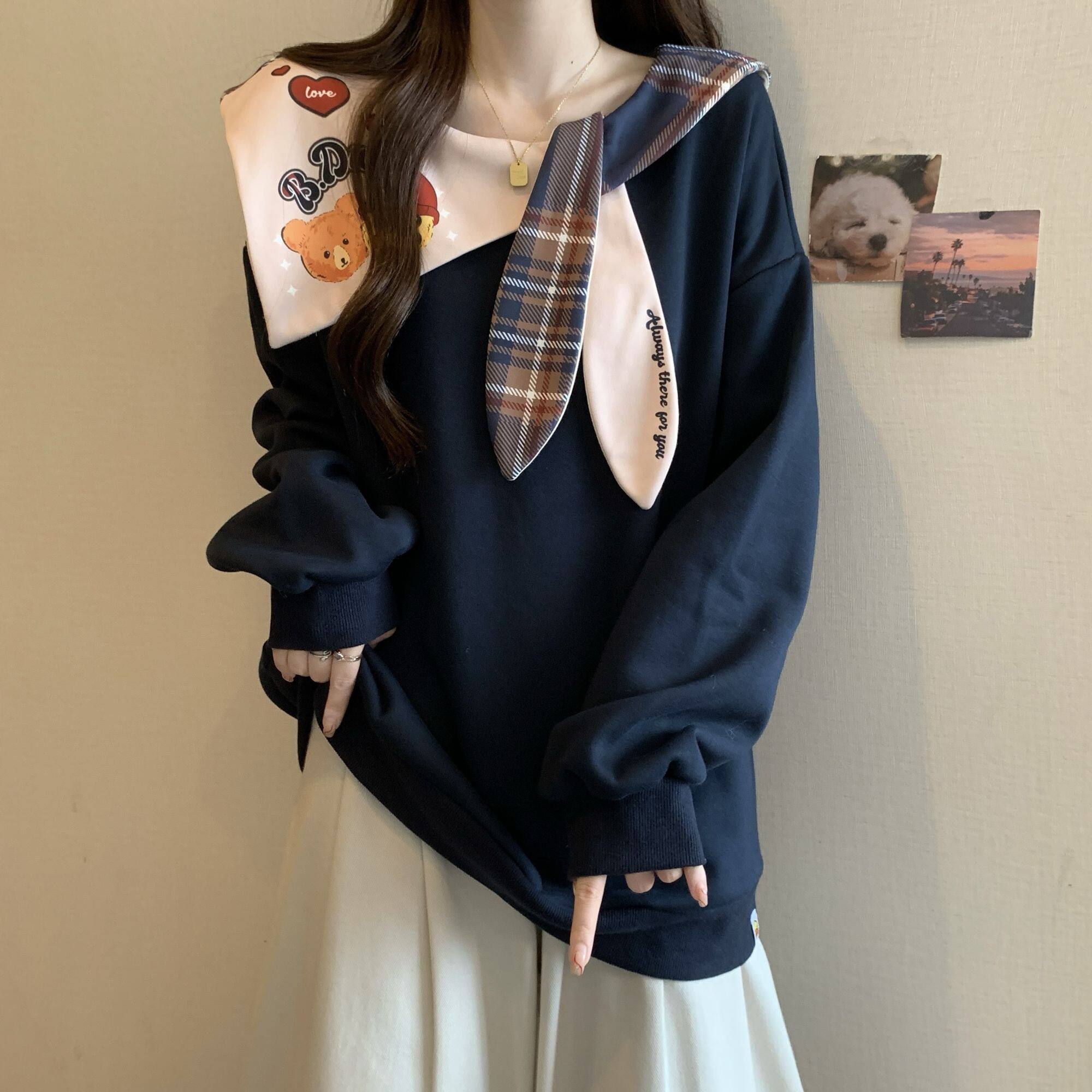 大码胖mm美式复古海军领长袖卫衣女秋冬2026新款设计感显瘦外套潮