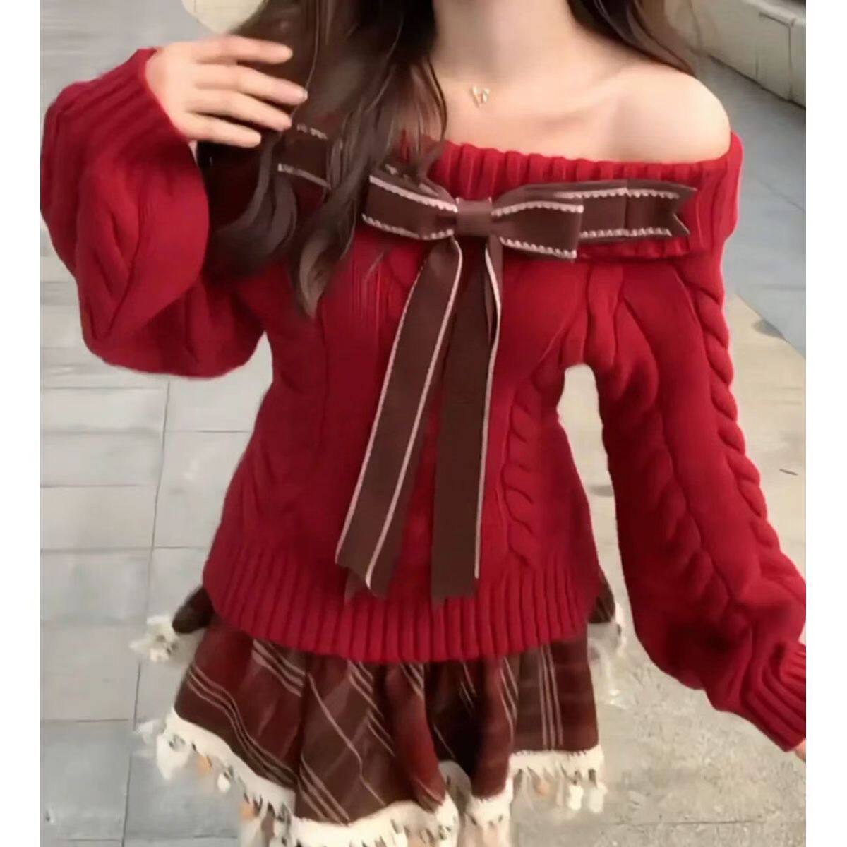 甜美减龄学院风一字肩蝴蝶结针织衫女秋冬款麻花修身显瘦毛衣上衣