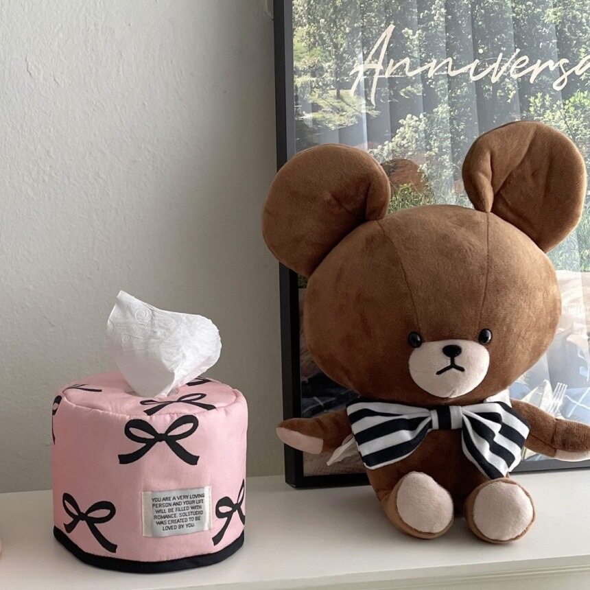 韩国ins黑丝带粉色蝴蝶结圆形卷纸抽拉盒夹棉布艺纸巾盒防水可爱