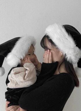 黑色长毛绒成人圣诞帽加厚毛绒大球圣诞节儿童帽派对跨年拍照道具