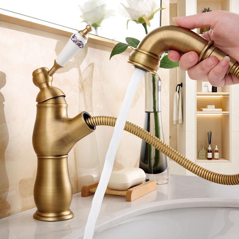 法式复古抽拉式水龙头仿古全铜卫生间面盆洗脸盆冷热水洗手盆龙头