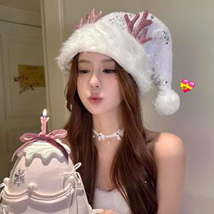 圣诞节帽子粉色女生装饰拍照道具氛围感圣诞帽高级新款穿搭头饰