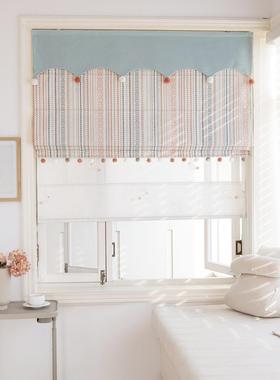 新费尔岛粉蓝色Cp儿童房罗马窗帘日夜窗帘全遮光凸窗升降窗帘折叠