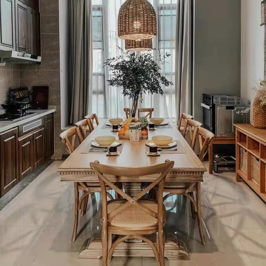 覆古实木大板长桌美式乡村原木做旧餐桌长方形会议桌家用别墅饭桌