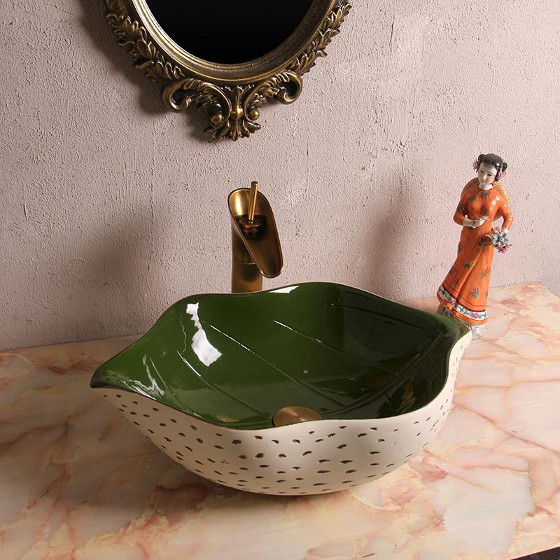 陶瓷复古树叶艺术台上盆新中式仿古异形洗手盆阳台洗脸盆个性面盆