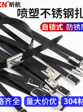 304喷塑不锈钢扎带4.6*300自锁束线理线带桥架标牌黑色金属绑扎带