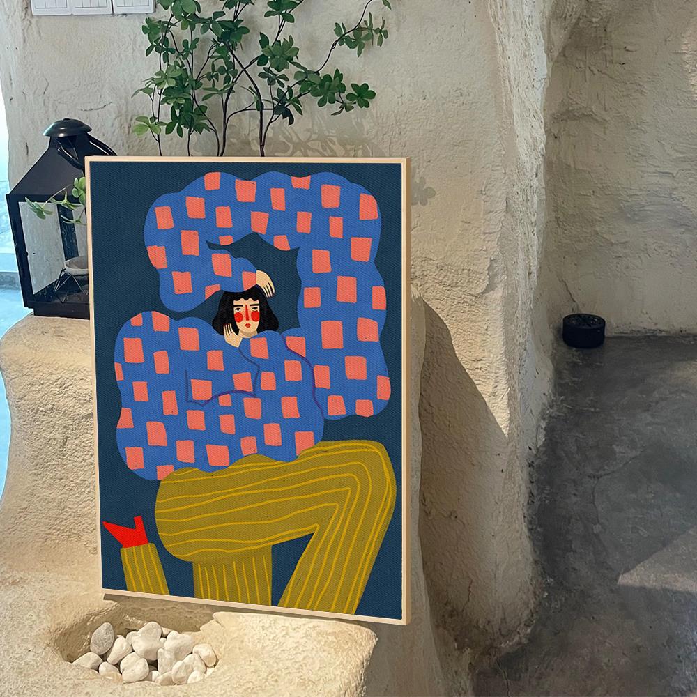 现代简约蓝色抽象客厅玄关竖版人物搞怪装饰画卧室床头墙壁画挂画
