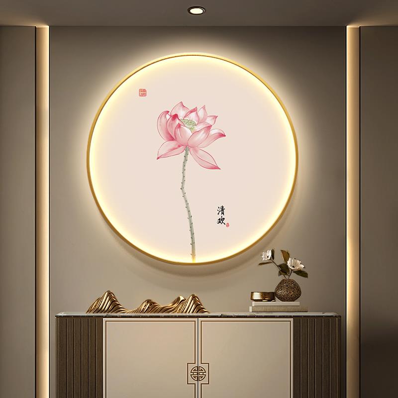 新中式禅意客厅背景墙壁画圆形入户玄关装饰画高级感荷花led灯画图片