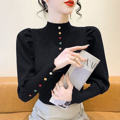 灯笼袖半高领针织打底衫女毛衣