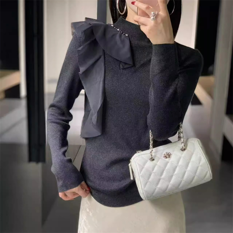 荷叶边钉珠半高领针织衫女上衣