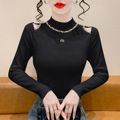 钉珠蕾丝拼接长袖针织衫女打底衫