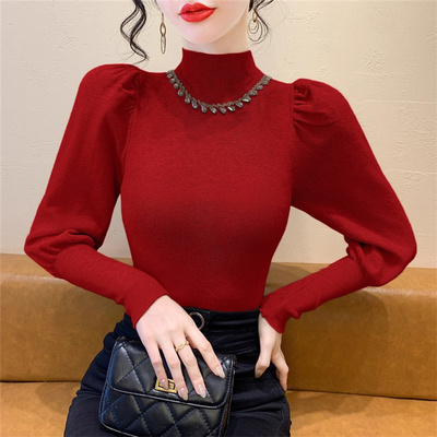 钉钻灯笼袖半高领毛衣针织衫女
