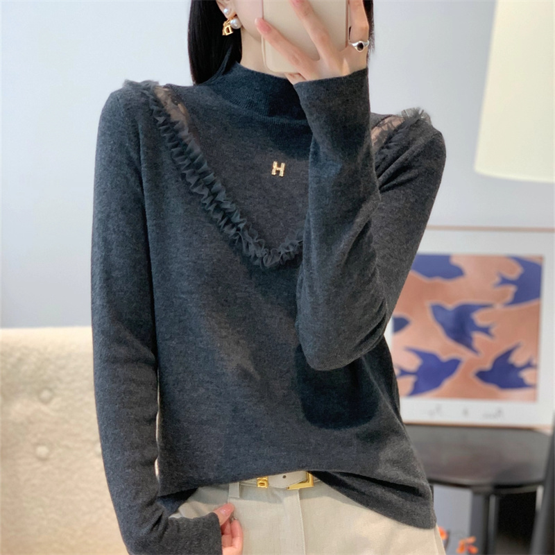 蕾丝拼接针织毛衣打底衫女宽松