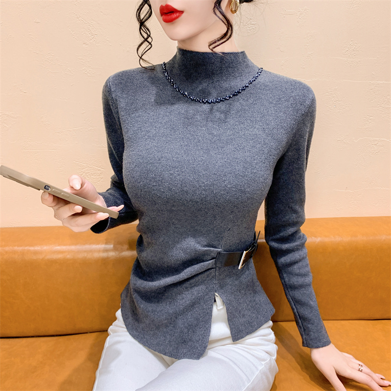 钉珠针织打底衫女不规则开叉上衣