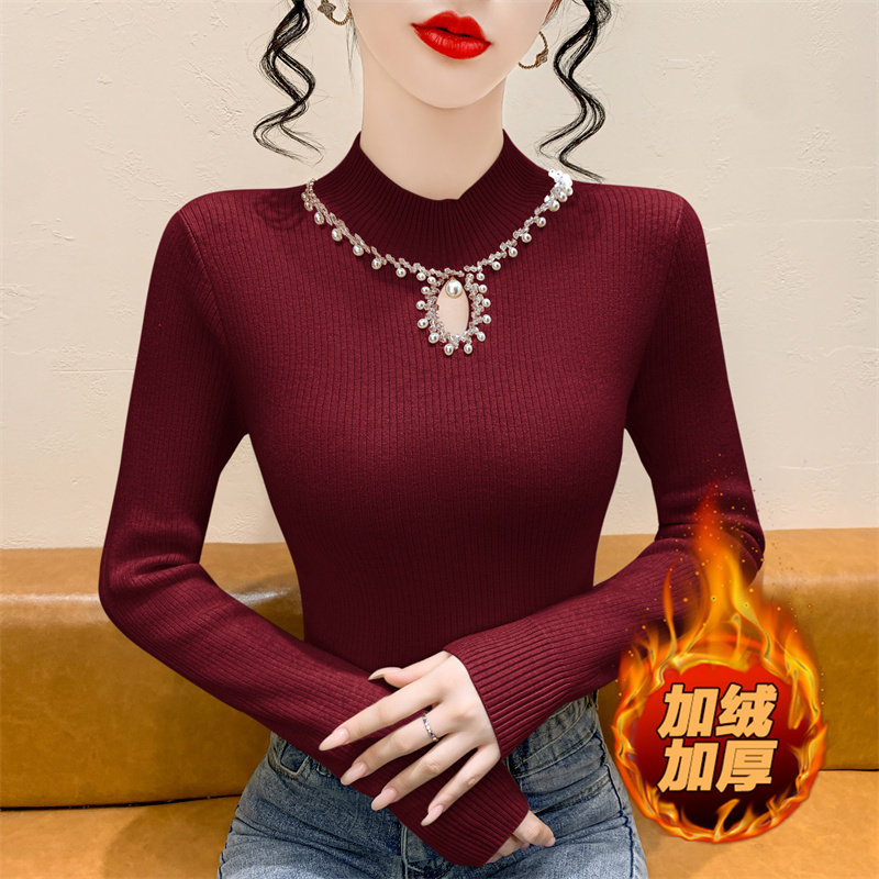 时尚钉珠镂空加绒加厚针织衫女秋冬新款半高领打底衫洋气内搭上衣