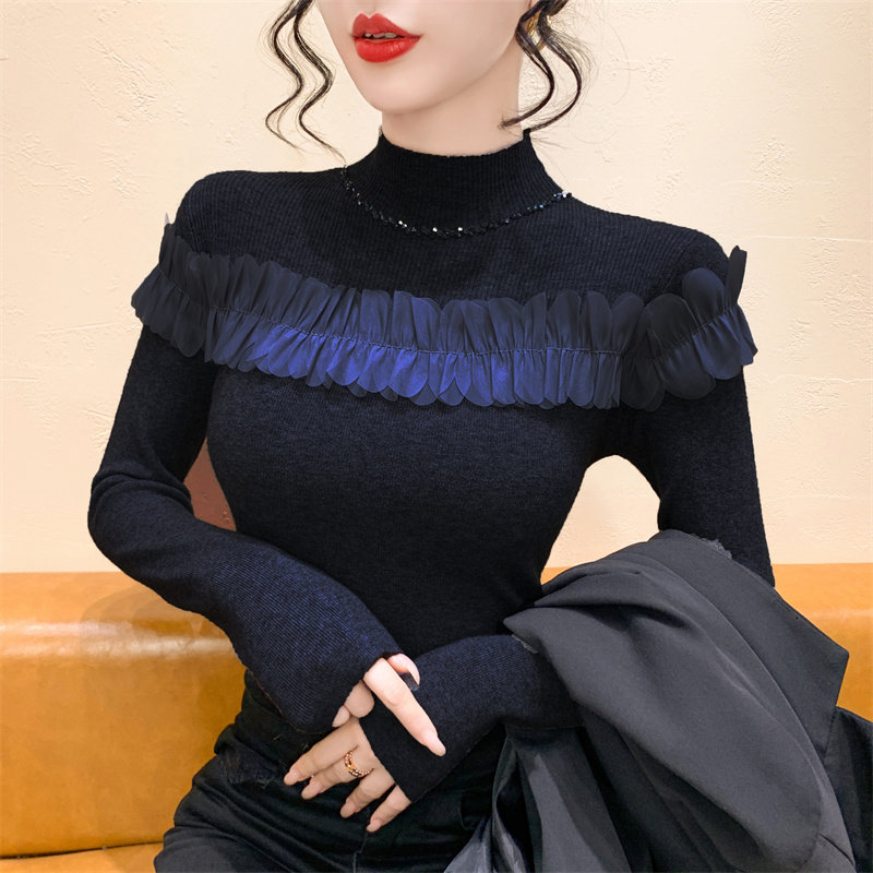 时尚钉珠蕾丝拼接半高领毛衣针织打底衫女秋冬新款修身长袖上衣