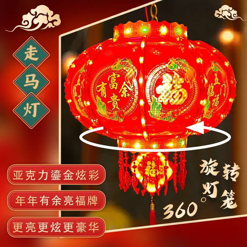 2025新款旋转灯笼七彩LED发光福字走马灯笼乔迁春节新年阳台大门
