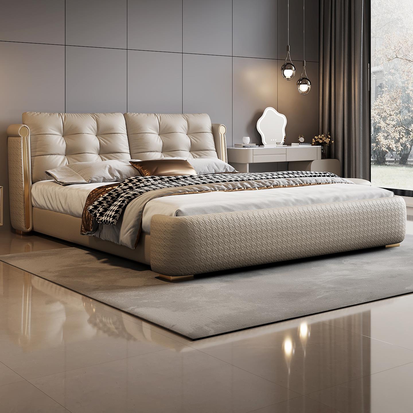 新疆包邮真皮床现代简约主卧大床头层牛皮高箱储物2米x2.2米软包