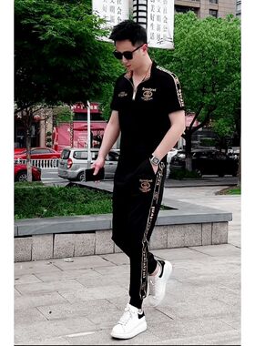 H【下单立减50】2025夏装新款休闲立领短袖轻奢男装两件套GG292