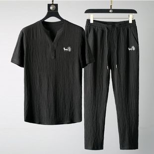 夏季 Z男士 轻薄透气亚麻中国风休闲运动两件套GG345 下单立减50