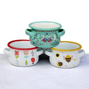 高颜值搪瓷餐具珐琅搪瓷碗盘饭碟菜盘平盘双耳胖杯儿童吃饭碗水杯