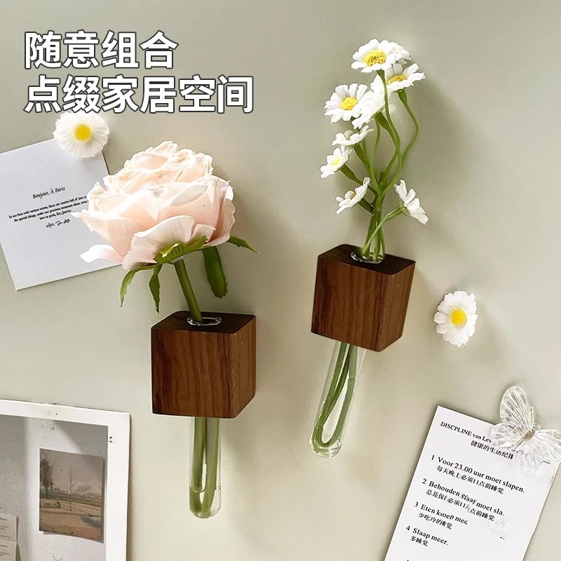 实木插花器磁吸冰箱贴胡桃木可养花创意装饰试管小花瓶磁性贴