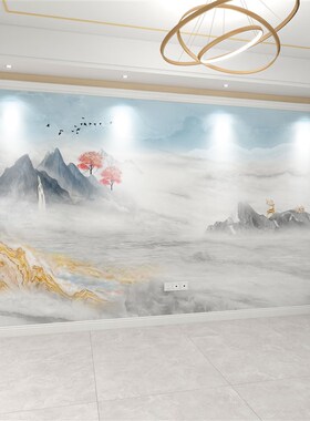 墙纸定制新电视背景墙壁纸客厅大气金山立体壁布墙布壁画