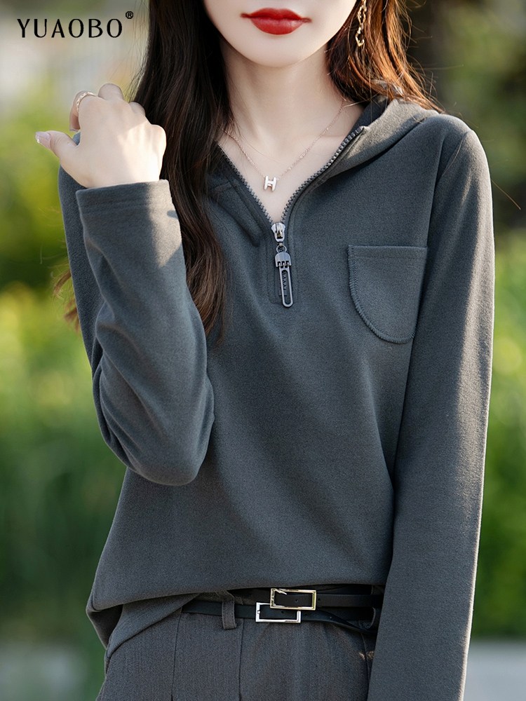 双面德绒连帽卫衣女秋冬半拉炼加厚保暖磨毛上衣显瘦打底长袖帽衫