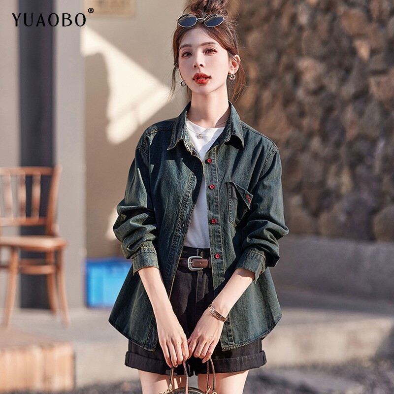 polo牛仔衬衫女2025秋季新款爱心刺绣蓝色休闲百搭设计感衬衣上衣
