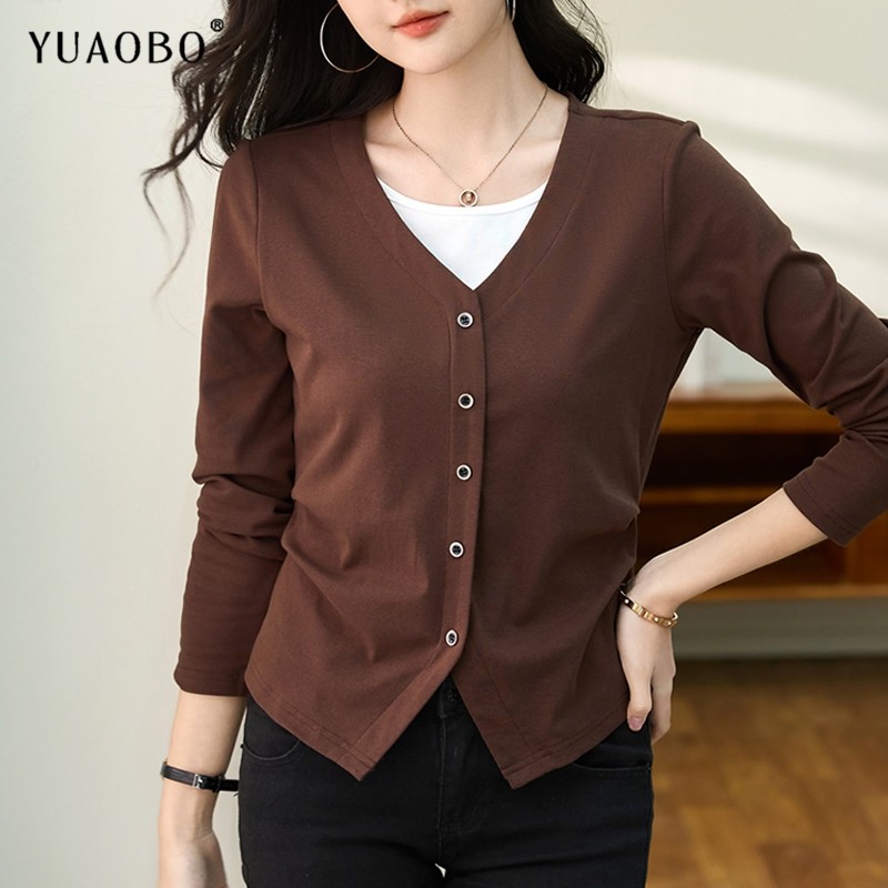 V领正肩长袖t恤女早秋新款假两件时尚洋气纯棉上衣减龄内搭打底衫