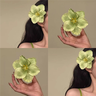 氧气少新款度假风春日小众设计感绿色郁金香花朵发夹刘海侧边头饰