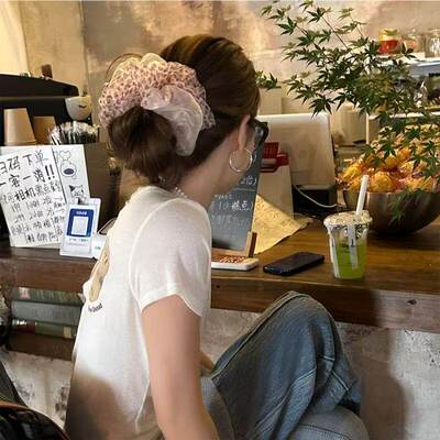韩系蓝色豹纹网纱拼接大肠发圈
