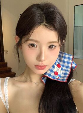 红蓝配色樱桃韩系蓝色格子方巾大肠发圈女高级感发箍头绳扎头发饰