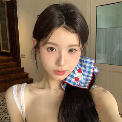 红蓝配色樱桃韩系蓝色格子方巾