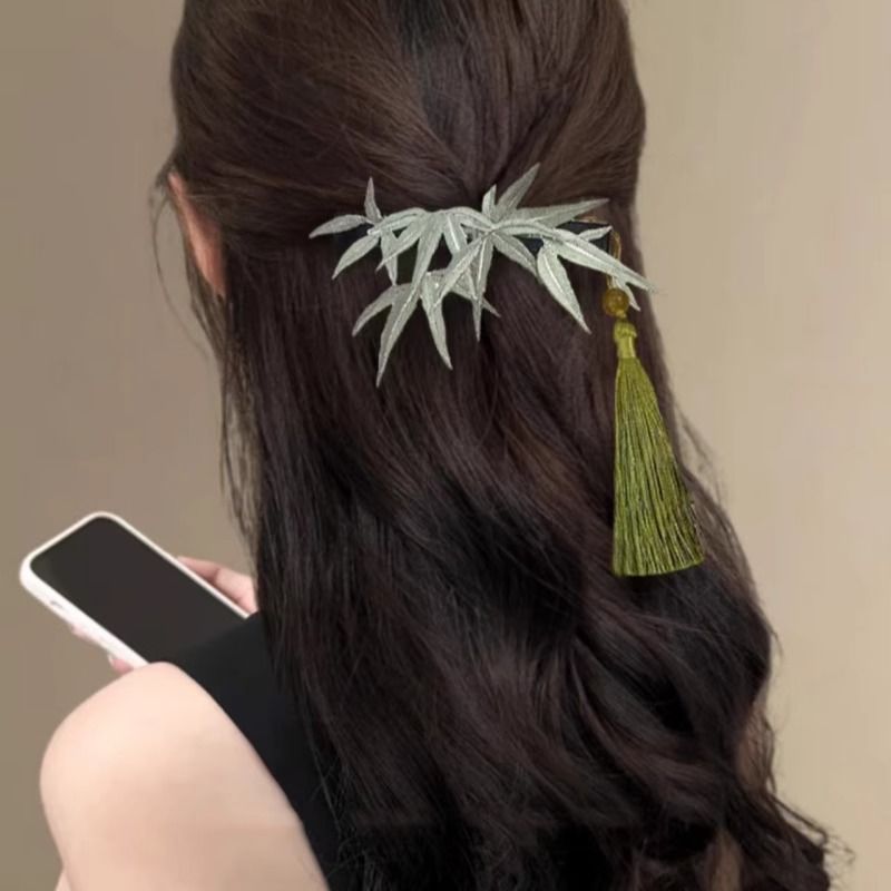 简约精致刺绣竹叶流苏边夹森系清新温柔小众侧边夹后脑勺新款发饰