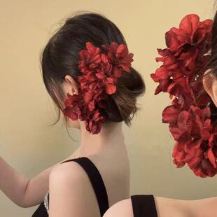 中式红色仿真绣球花发夹发卡发饰侧边头饰新娘拍照汉服旗袍写真