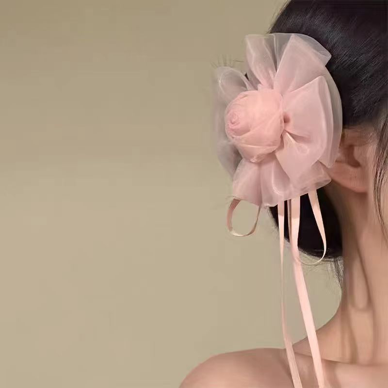 粉色氛围感欧根发夹飘带气质简约